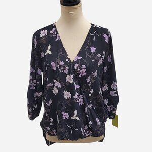 West Kei Women’s Small Purple Floral V‑Neck Blouse 3/4 Sleeve